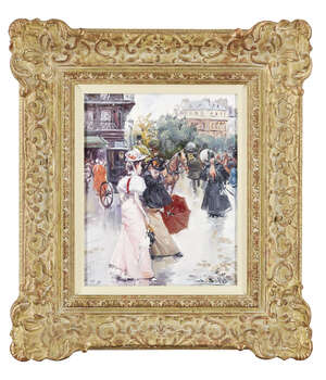 Juan Soler,
Spanish b.1951-
Women standing in the street;
oil on canvas, signed lower right...