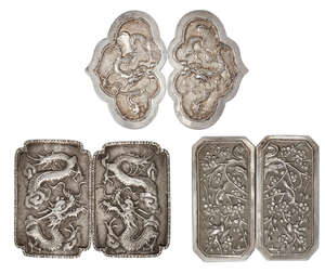 
	
		Three Chinese silver two-piece buckles, early 20th century, two repousse-decorated with...