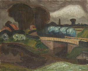 Henri Le Fauconnier, 
		French 1881-1946-
		Paysage avec un pont (landscape with a bridge), circa 1915; 
		oil on canvas, signed lower left, 33 x 41cm (unfr