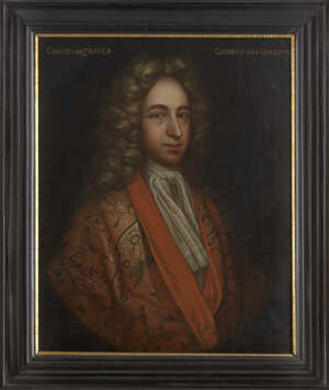 Dutch School, 
		early-mid 18th century- 
		Portrait of Christian Ziegler (1688-1762), half-length wearing a floral gown and white silk scarf; 
		oil on can