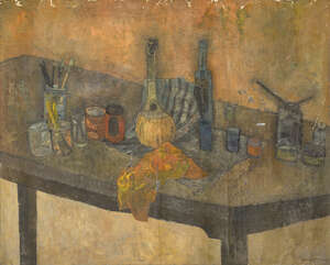 
	
		Leonard Rosoman OBE RA, 
		British 1913-2012- 
		Artist's pot, circa 1954; 
		oil on...