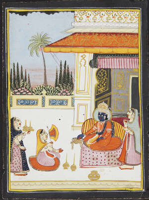 
	
		Rama and Sita seated on a terrace in conversation with attendants, Mewar, 19th century,...