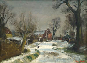 Henry Marvell Carr RA RP RBA, 
		British 1894-1970-
		 
		Winter rural landscape;
		 
		oil on canvas board, signed in red paint, 35.5x47cm (ARR)
		 