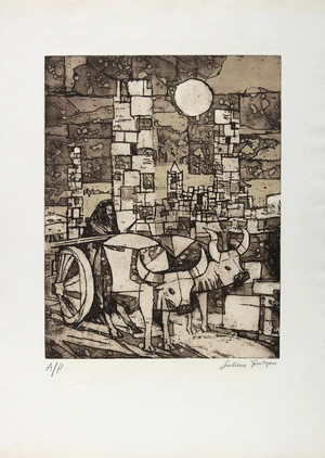 Julian Trevelyan RA, British 1910-1988, Tower & Oxen, 1961; etching and aquatint on wove, signed and inscribed A/P in pencil, an artist's proof aside from
