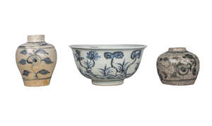 Three pieces of Chinese porcelain, Ming dynasty, 15th-17th century, comprising ogee bowl painted in underglaze blue with flowering lotus stems, 14cm diameter, 