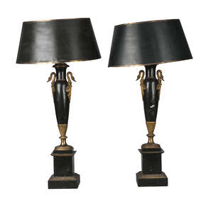 
	
		A pair of tole and gilt bronze lamp bases, 19th century,  of vase form with swan neck and...
