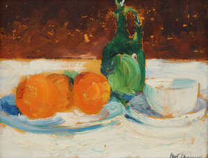 
	
		Paul Charavel, French 1877-1961- Still life with oranges on a table; oil on panel, signed,...