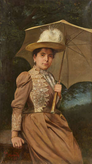 
	
		Pavlos Prosalentis, Greek 1857-1894- Woman with Umbrella, 1889; oil on canvas, signed and...