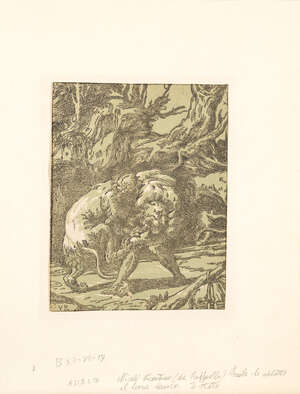Giuseppe Nicola Rossigliano, called Niccolò Vicentino, 
		Italian, c. 1510-c.1550- 
		Hercules and the Nemean Lion; 
		chiaroscuro woodcut from two blocks 