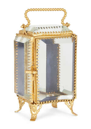 
	
		A French gilt-metal glazed pocket watch display case, early 20th century, with bevelled...