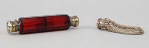 
	
		A silver and ruby glass double perfume bottle, 19th century, 14.5cm wide, together with a...
