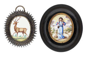 
	
		A George III enamel plaque, dated 1765, mounted in a white metal frame inscribed The...