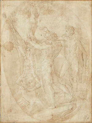 Circle of Andrea Celesti, 
		Italian 1637-1712- 
		 
		Apollo hanging Marsyas to a tree; 
		 
		pen and brown ink and wash on watermarked laid paper, fe