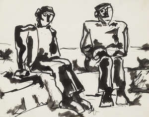 
	
		RETURN Josef Herman OBE RA, 
		Polish/British 1911-2000 - 
		 
		Two miners seated;...