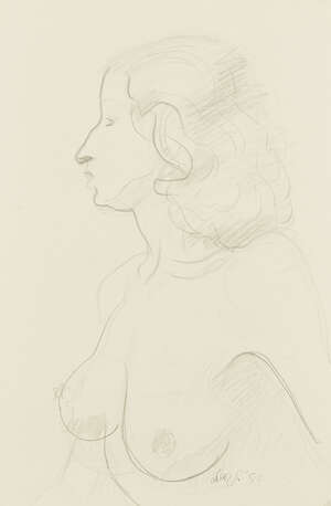 
	
		Leon Underwood,
		British 1890-1975-
		 
		Female nude half-length turned to the...