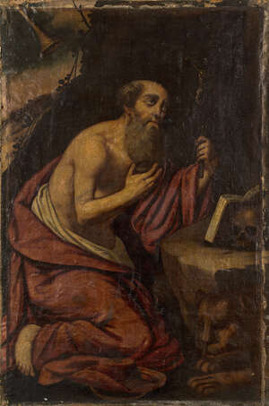 Northern Italian School, 
		early 17th century- 
		 
		St Jerome in the wilderness; 
		 
		oil on canvas, 141x91.5cm (unframed) 
		 
		 