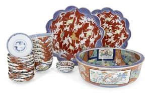 
	
		A collection of Japanese Imari porcelain, Meiji period, comprising a pair of scalloped...