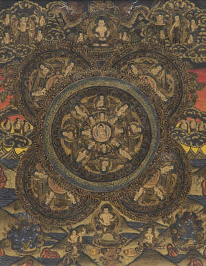 
	
		A Tibetan thangka, 20th century, centered with an incarnation of the Shakyamuni Buddha,...