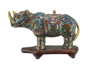 
	
		A Chinese gilt metal and cloisonné censer, early 20th century, modelled as a rhinoceros...