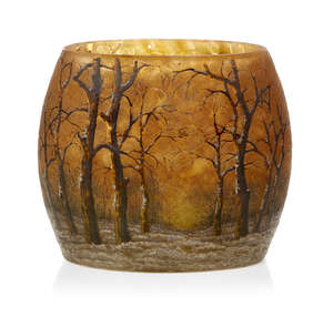 
	
		Daum (French), a 'pillow-shaped' cased glass winter landscape vase 
		c.1895, painted...