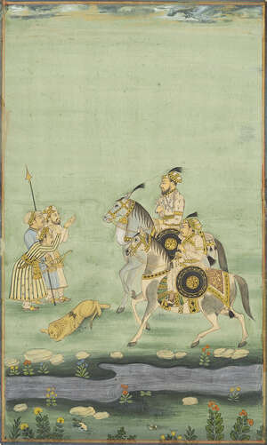 
	
		A lion hunt, North India, late 19th century, opaque pigments on paper heightened with...