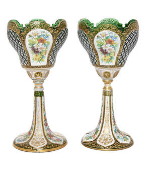 
	
		A pair of Bohemian green and opaline glass vases, late 19th century, with crenelated rims...