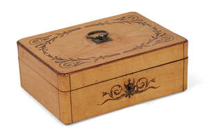 
	
		An inlaid sycamore oblong box, 19th century, with white metal ring handle and feet, 19cm...