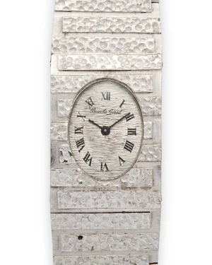 Bueche-Girod. A rare manual wind watch with bracelet by George WeilCirca 197017-jewel manual wind movement, textured silver coloured dial with printed black Ro