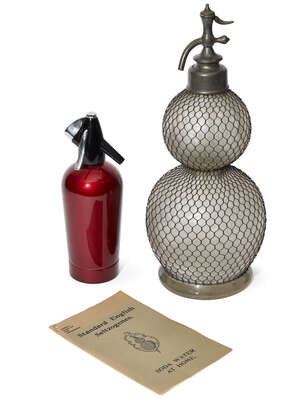 
	
		A French glass and pewter seltzogene soda fountain, 20th century, marked to the collar 
