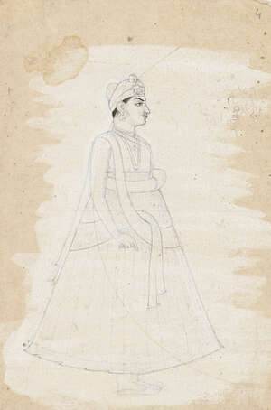 
	
		A drawing of a standing noble on buff paper, Rajasthan, India, 19th century, ink on...