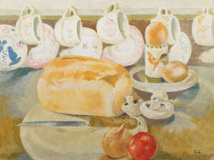 Catherine Carrington, 
		British 1904-2004- 
		 
		Still life of breakfast table settings; 
		 
		two oils on canvas board, both signed with initials CC