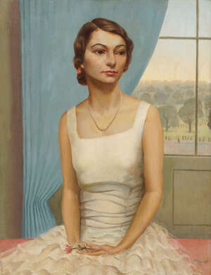 Trevor Tennant, 
		British 1900-1980- 
		 
		Portrait of the Artist's Wife, the Sculptor Dorothy Annan; 
		 
		oil on panel, signed, 39.2x29.1cm (AR