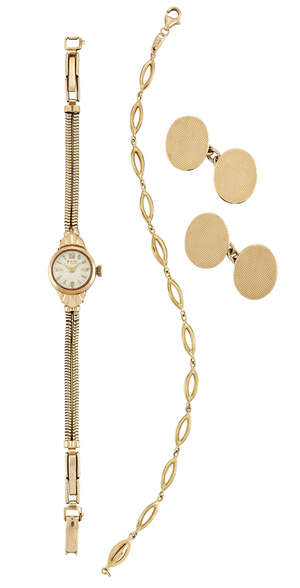 
	
		A small group of 9ct gold jewellery and a wristwatch, comprising: a pair of cufflinks of...