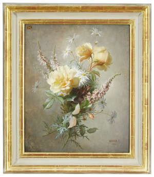 
	
		Jules-Ferdinand Médard, 
		French 1855-1925- 
		 
		Roses and daisies; 
		 
		oil on...