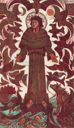 Cyril Edward Power,&nbsp;British 1872-1951,&nbsp;St. Francis, c.1937;&nbsp;linocut in colours on buff oriental laid...