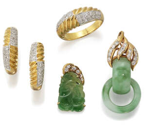 
	
		A group of jewellery, comprising: a pave diamond ring of half-hoop fluted design; a pair...