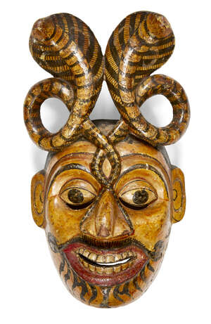 
	
		A South Indian papier mache wood dance mask, Kerala, India, late 19th-early 20th century,...
