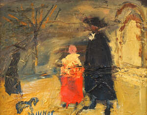 
	
		Gabriel Dauchot, French 1927-2005- Figures in a village street; oil on canvas, signed,...