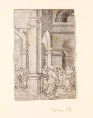 Frans Crabbe van Espleghem, 
		Flemish c.1480-1553- 
		Christ presented at the temple; 
		etching and engraving, signed with monogram within the plate, 16x1