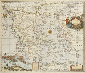 
	
		John Senex, 
		British 1678-1740- 
		 
		A Map of Greece, 1720; 
		 
		hand-coloured...