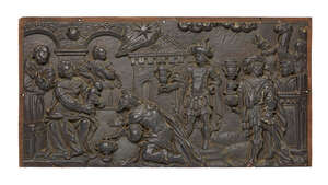 
	
		A relief-carved oak panel, 19th century, depicting the Adoration of the Magi, 26 x...
