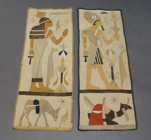 
	
		A pair of Egyptian figural appliqué panels, 1920s, 114cm high, together with three Kuba...
