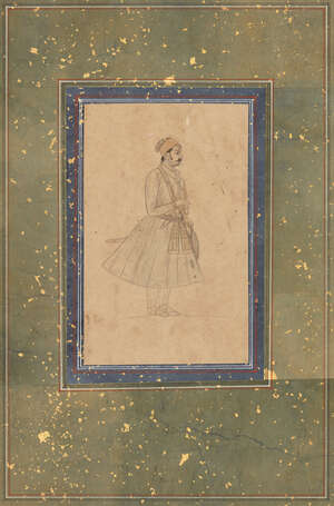 
	
		A drawing of a standing noble on an album page, Rajasthan, 19th century, pencil and...