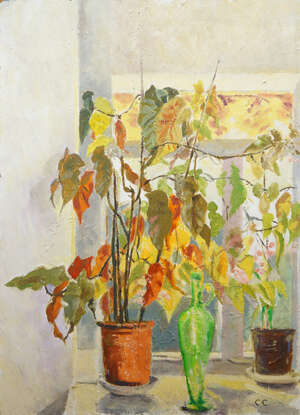 Catherine Carrington, 
		British 1904-2004- 
		 
		Still life of potted plant by a window & Still life of a side board; 
		 
		two oils on canvas boards