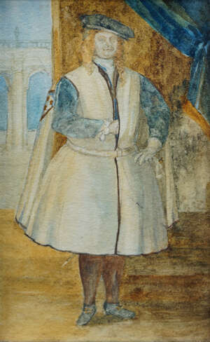 
	
		British School, early 19th century- John Board wearing the costume of a knight c.1725;...