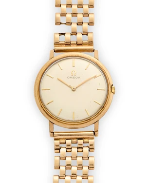 Omega. A 9ct gold manual wind bracelet watch Bracelet with Birmingham hallmark for 196717-Jewel manual wind movement, silvered dial with applied gilt metal ho