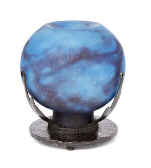 
	
		Robj, a French Art Deco wrought-iron and glass brûle-parfum table light
		c.1930, signed...