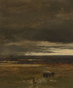 John Dearman, 
		British act. 1824-1857- 
		 
		Storm, Merrow Down near Guildford; 
		 
		oil on canvas, signed and dated 1845, inscribed on the stretch