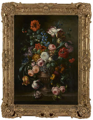 
	
		Follower of Rachel Ruysch, 
		Dutch 1664-1750- 
		 
		Flowers in an urn on a ledge;...