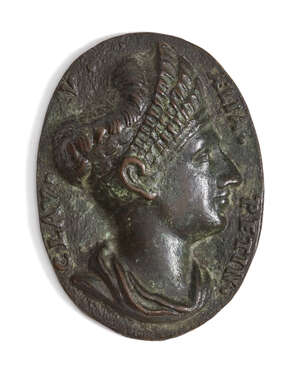 
	
		A bronze oval medallion After The Antique
		With the bust of a Roman lady of high birth,...